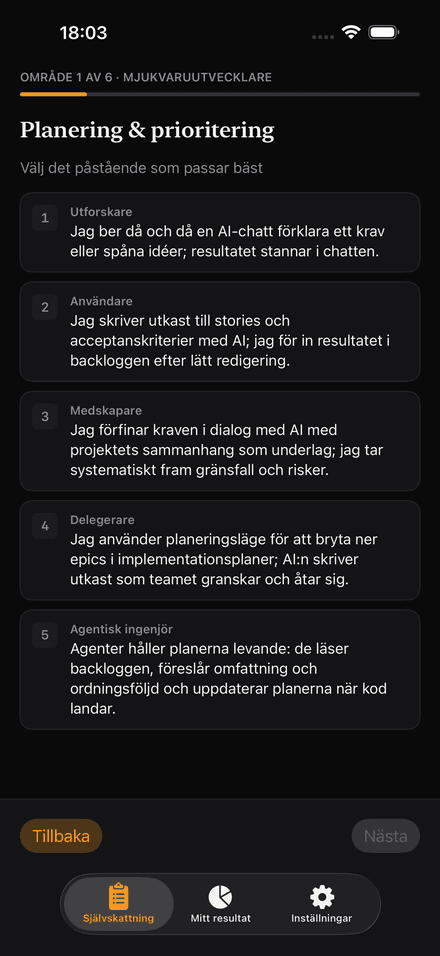 nivå-appen med de fem påståendena för ett område