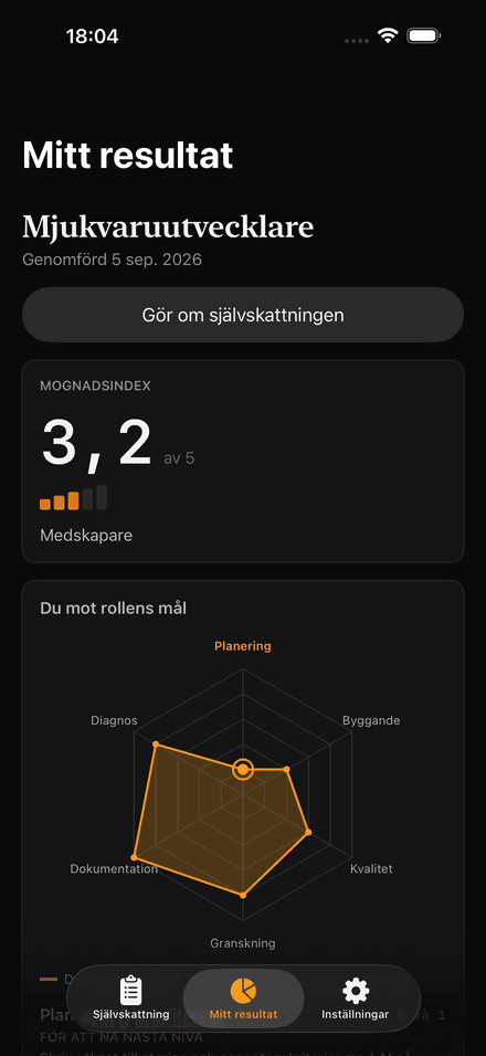 nivå-appen med ett resultat: mognadsindex och radarn mot rollens mål